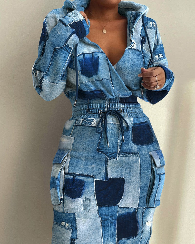 Denim Look Print Drawstring Hooded Sweatshirt Dress