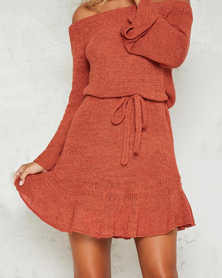 Stylish Knitted Tied Off Shoulder Mini Dress