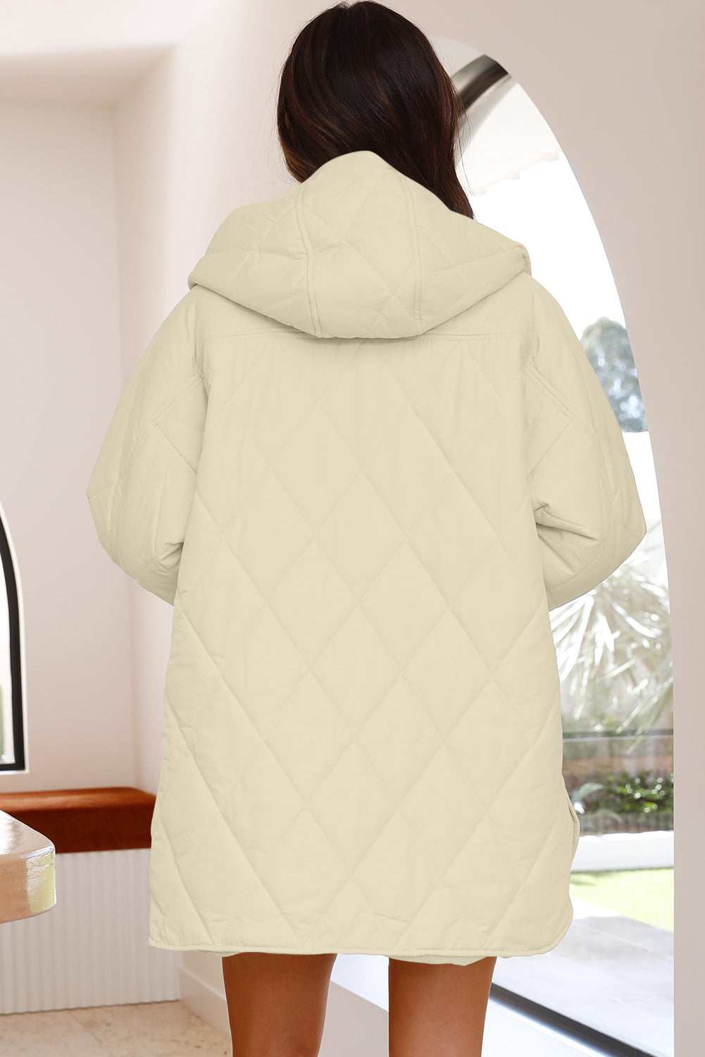 Beige Quilted Snap Button Hooded Coat