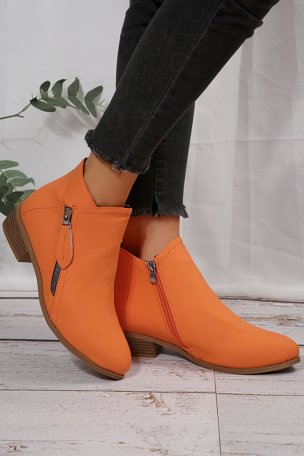 Orange Faux Leather Double Zip Low Heel Ankle Boots