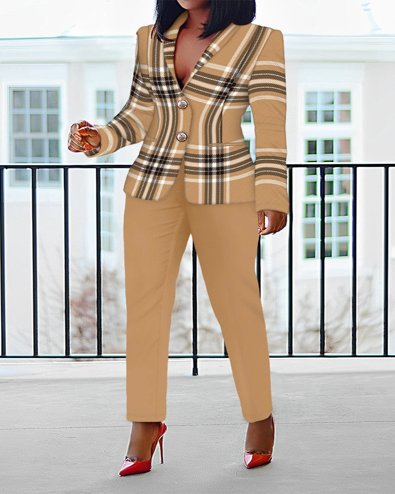 Plus Size Plaid Print Shawl Collar Blazer Coat & Pants Set