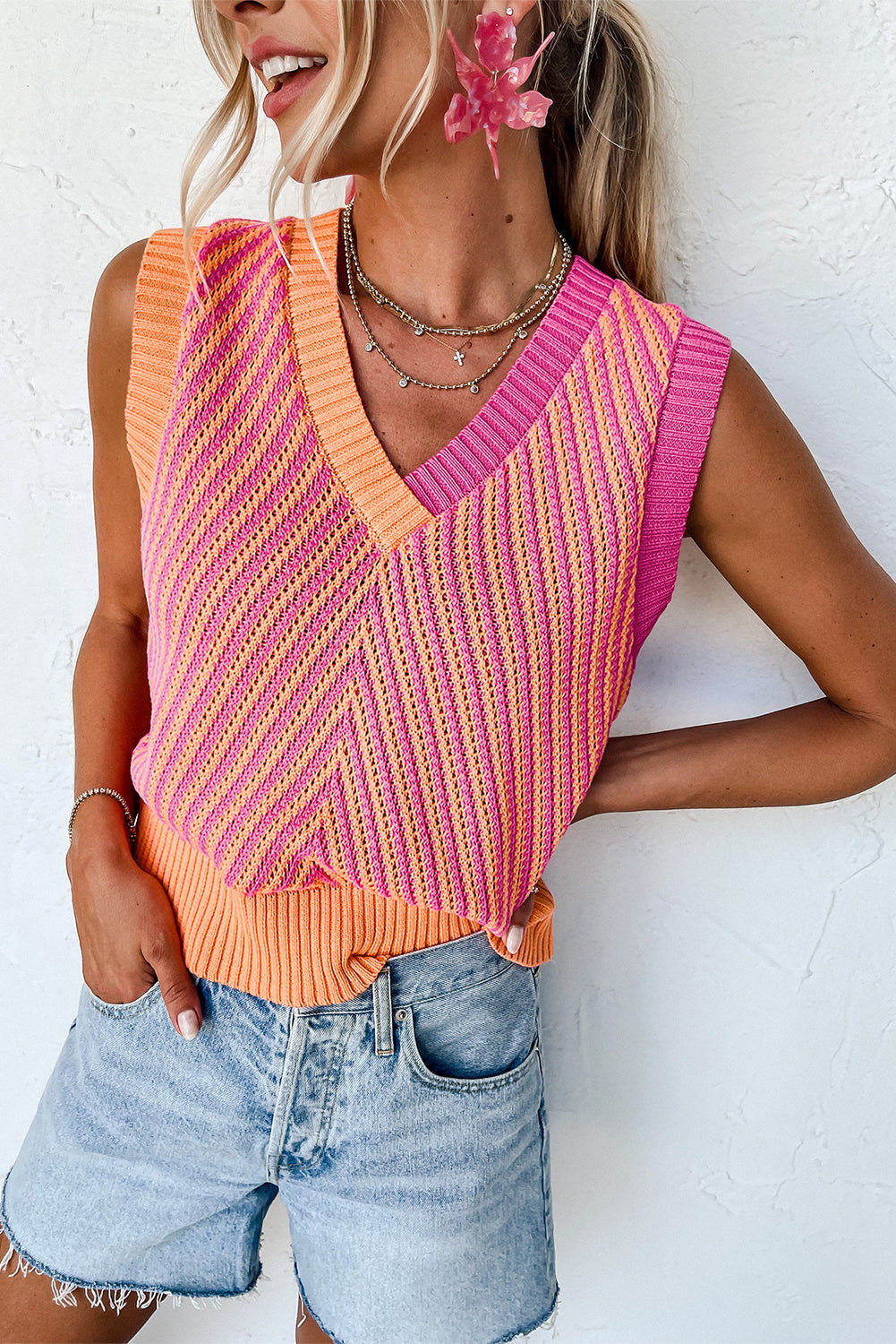 Pink Striped Buttoned V Neck Drop Shoulder Cardigan