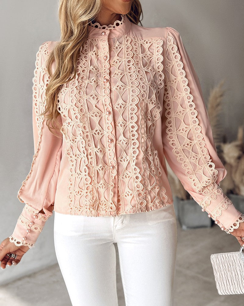 Contrast Lace Stand Collar Buttoned Top