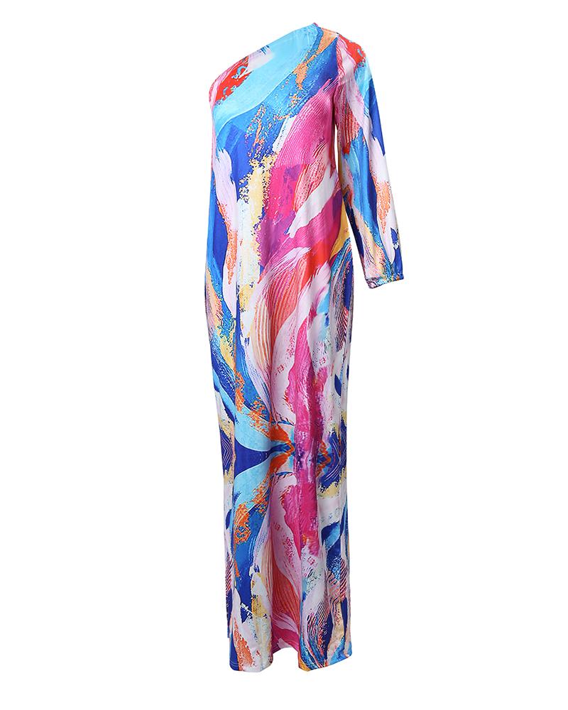 Abstract Print One Shoulder Maxi Dress