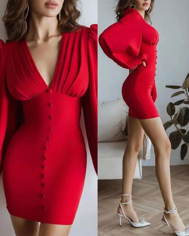 Button Decor Lantern Sleeve Bodycon Dress