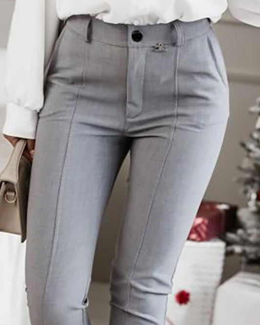 High Waist Piping Buttoned Cuffed Pants