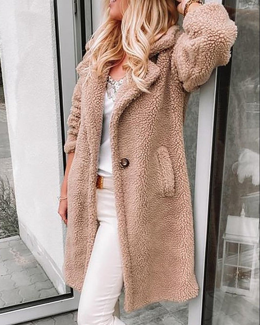 Pocket Design Long Sleeve Teddy Coat