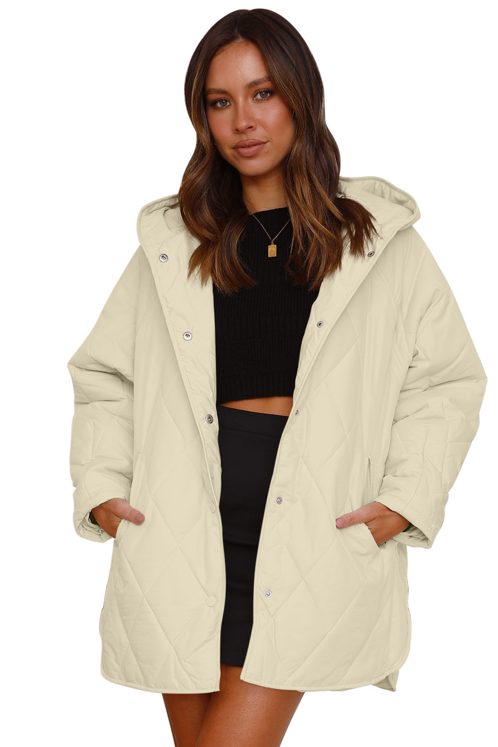 Beige Quilted Snap Button Hooded Coat