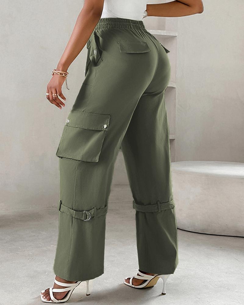 Snap Button Buckled Drawstring Cargo Pants