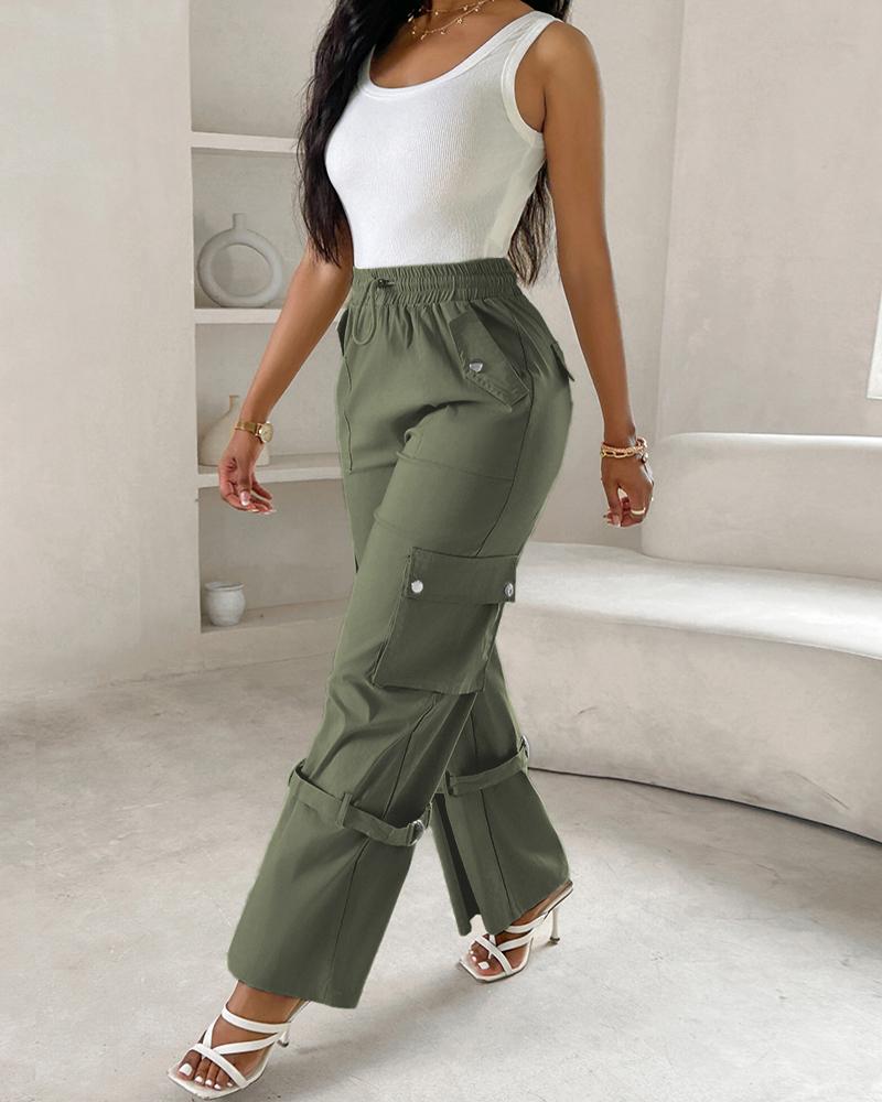 Snap Button Buckled Drawstring Cargo Pants