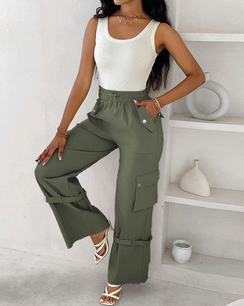 Snap Button Buckled Drawstring Cargo Pants