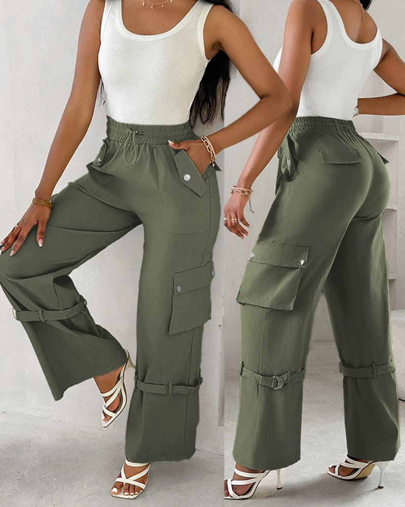 Snap Button Buckled Drawstring Cargo Pants