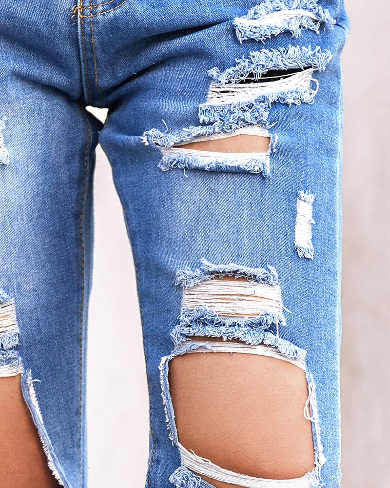 Ripped Cutout High Waist Button Design Jeans