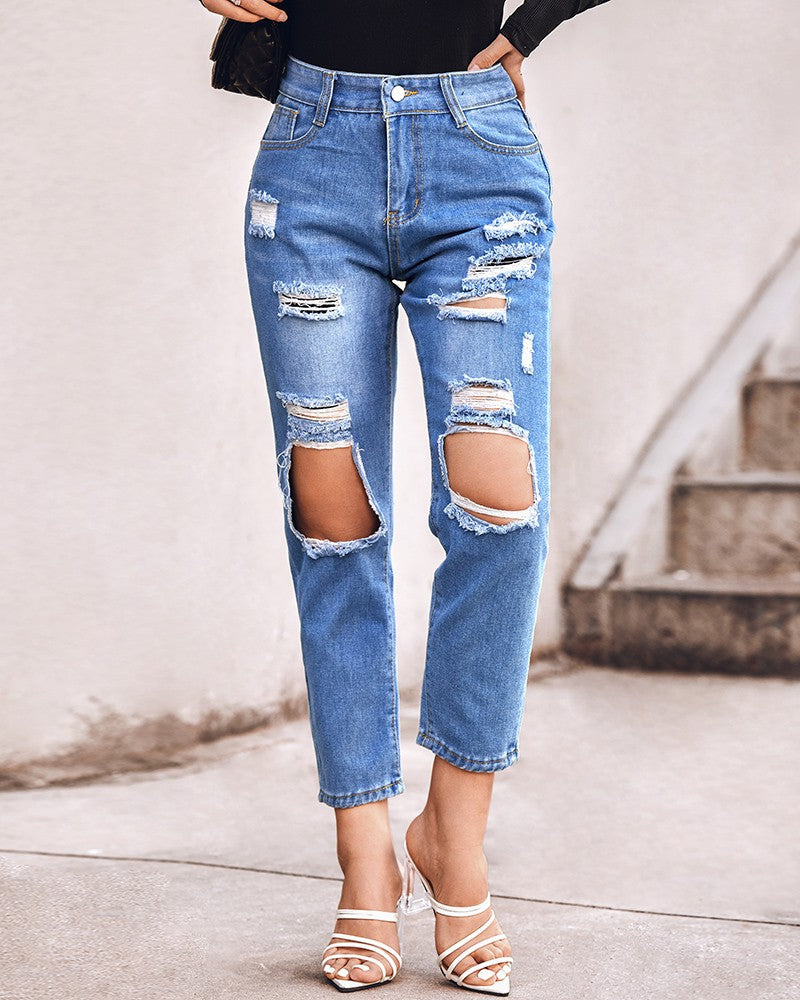 Ripped Cutout High Waist Button Design Jeans