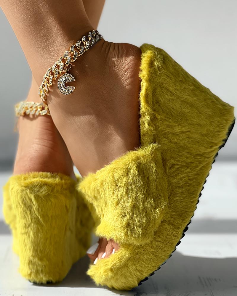 One Strap Fuzzy Wedge Slippers