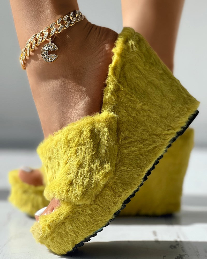 One Strap Fuzzy Wedge Slippers