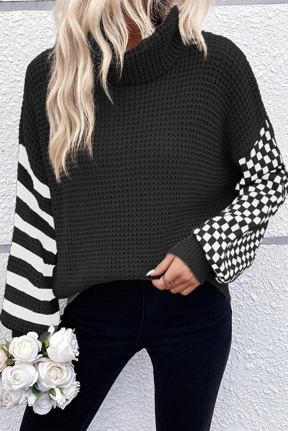 Smoke Gray Striped Plaid Patchwork Waffle Knit Turtleneck Sweater