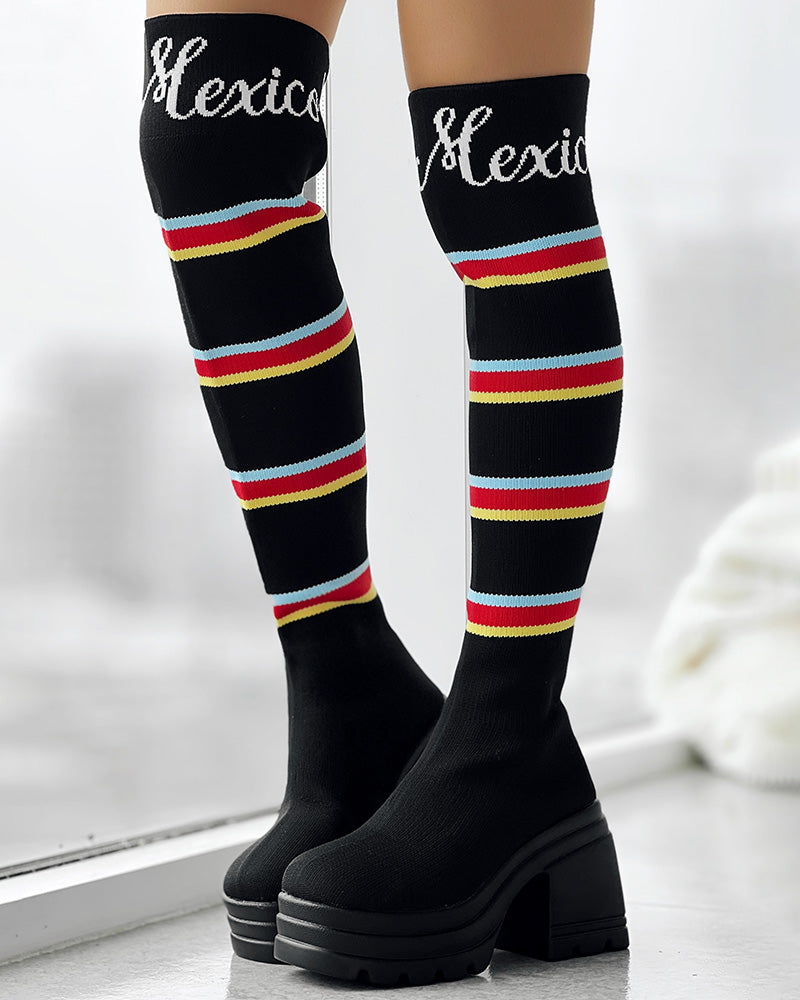 Letter Pattern Striped Over Knee Platform Knit Long Boots