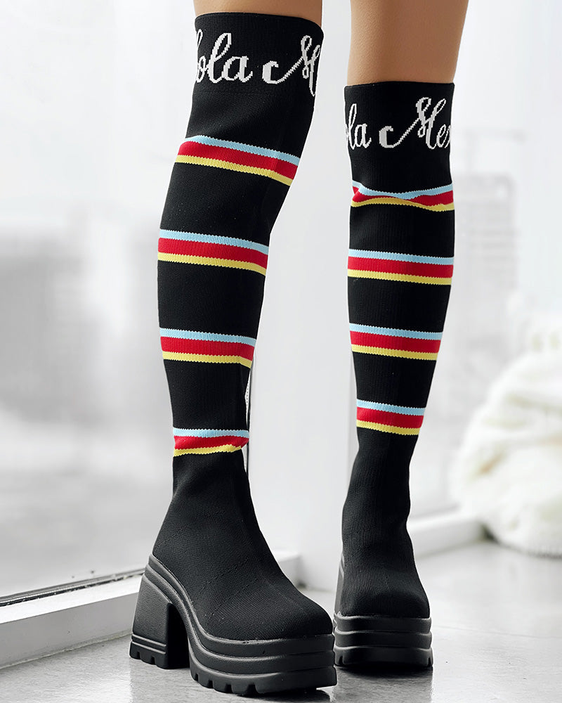 Letter Pattern Striped Over Knee Platform Knit Long Boots