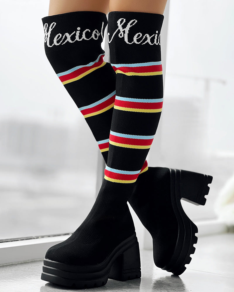 Letter Pattern Striped Over Knee Platform Knit Long Boots