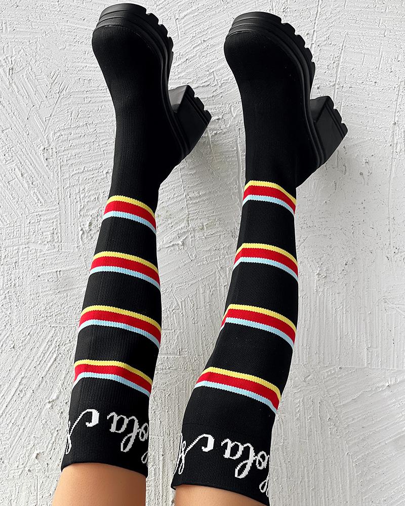 Letter Pattern Striped Over Knee Platform Knit Long Boots