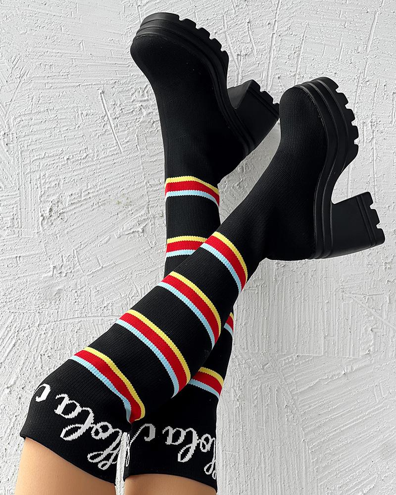 Letter Pattern Striped Over Knee Platform Knit Long Boots