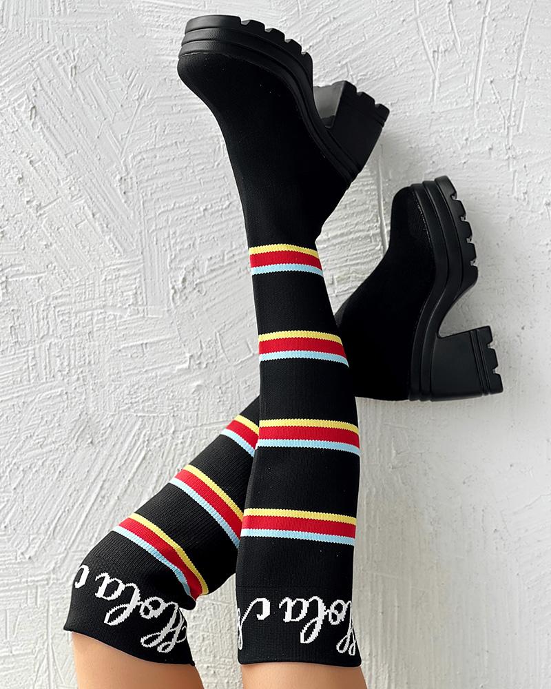 Letter Pattern Striped Over Knee Platform Knit Long Boots