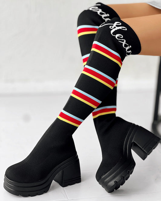 Letter Pattern Striped Over Knee Platform Knit Long Boots