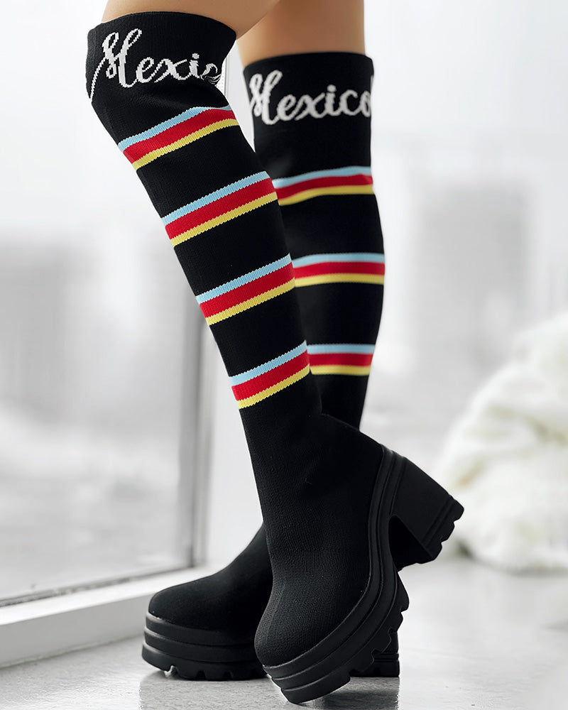 Letter Pattern Striped Over Knee Platform Knit Long Boots