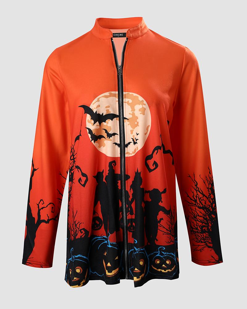 Halloween Graphic Pumpkin Print Long Sleeve Coat