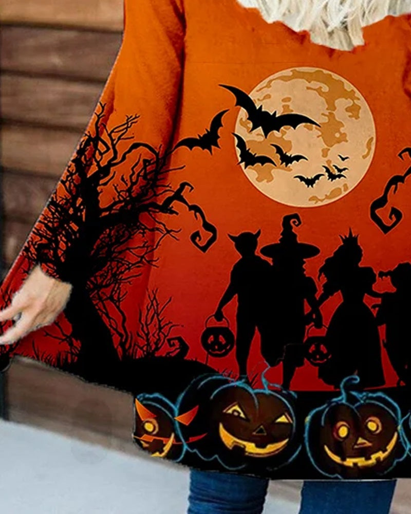 Halloween Graphic Pumpkin Print Long Sleeve Coat