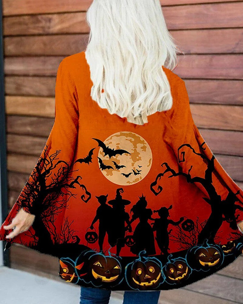 Halloween Graphic Pumpkin Print Long Sleeve Coat