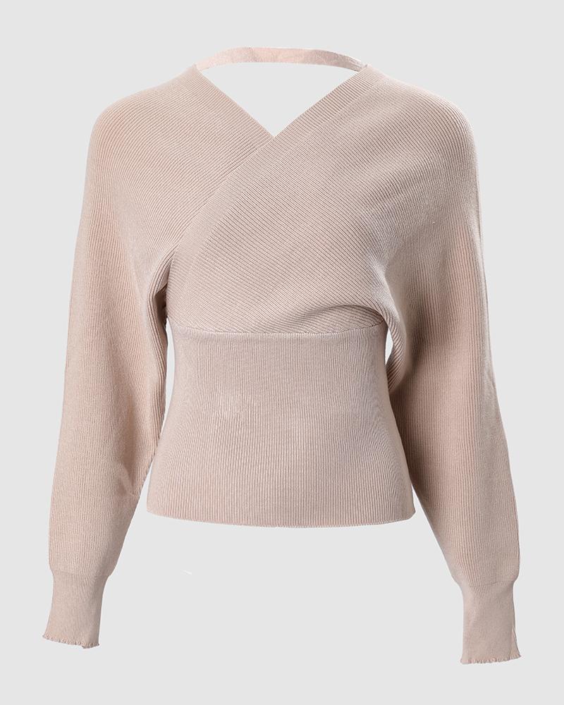 Batwing Sleeve V Back Wrap Knit Sweater