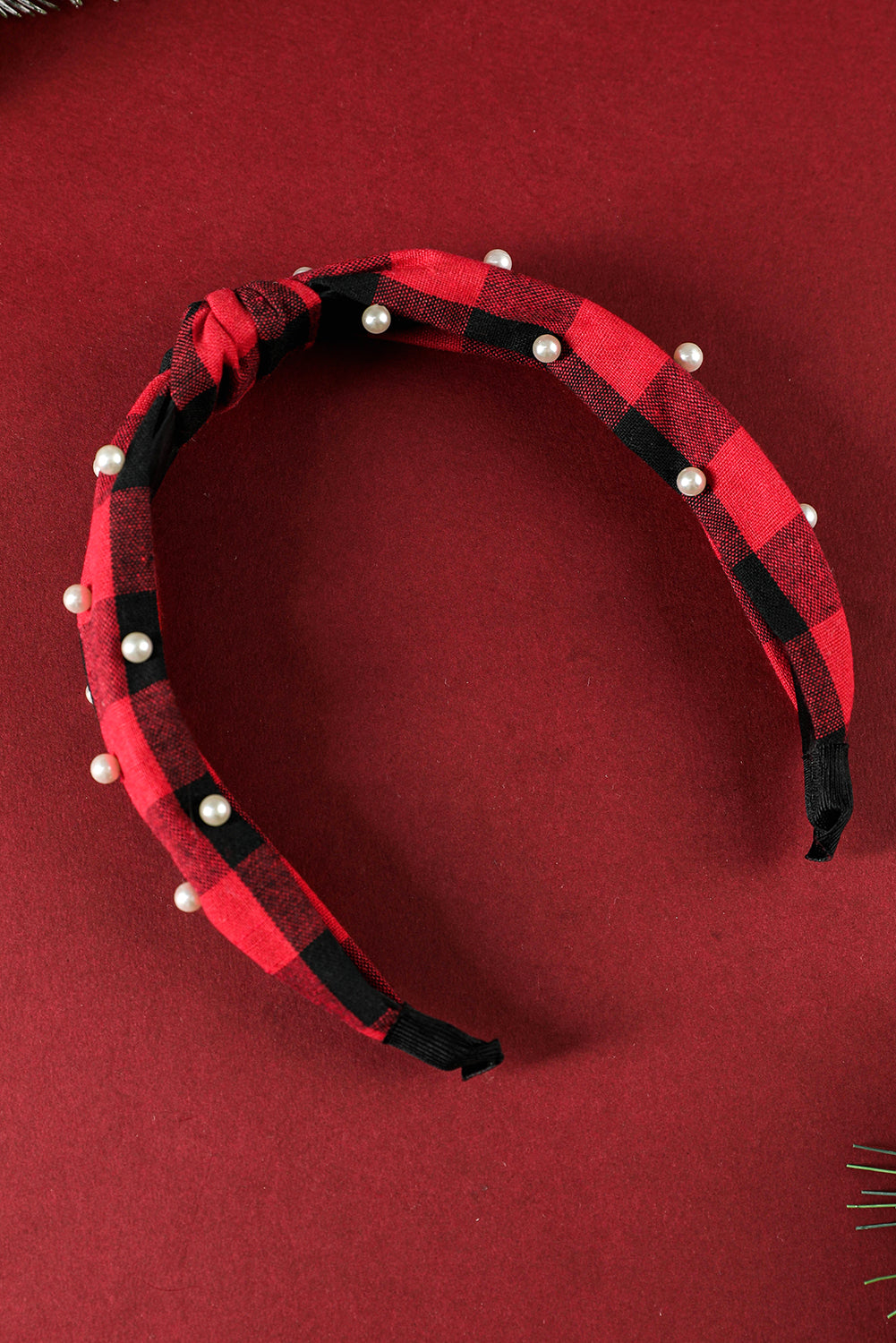 Red Dahlia Pearl Decor Christmas Plaid Knotted Headband