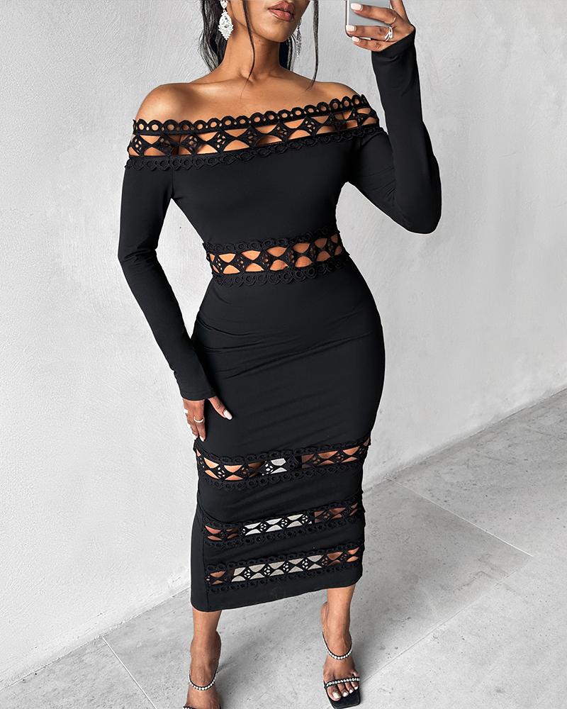 Off Shoulder Lace Patch Long Sleeve Midi Dress