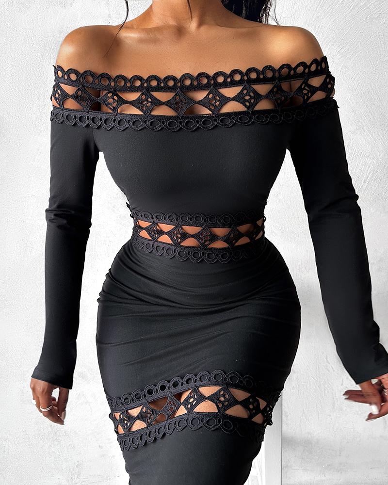 Off Shoulder Lace Patch Long Sleeve Midi Dress