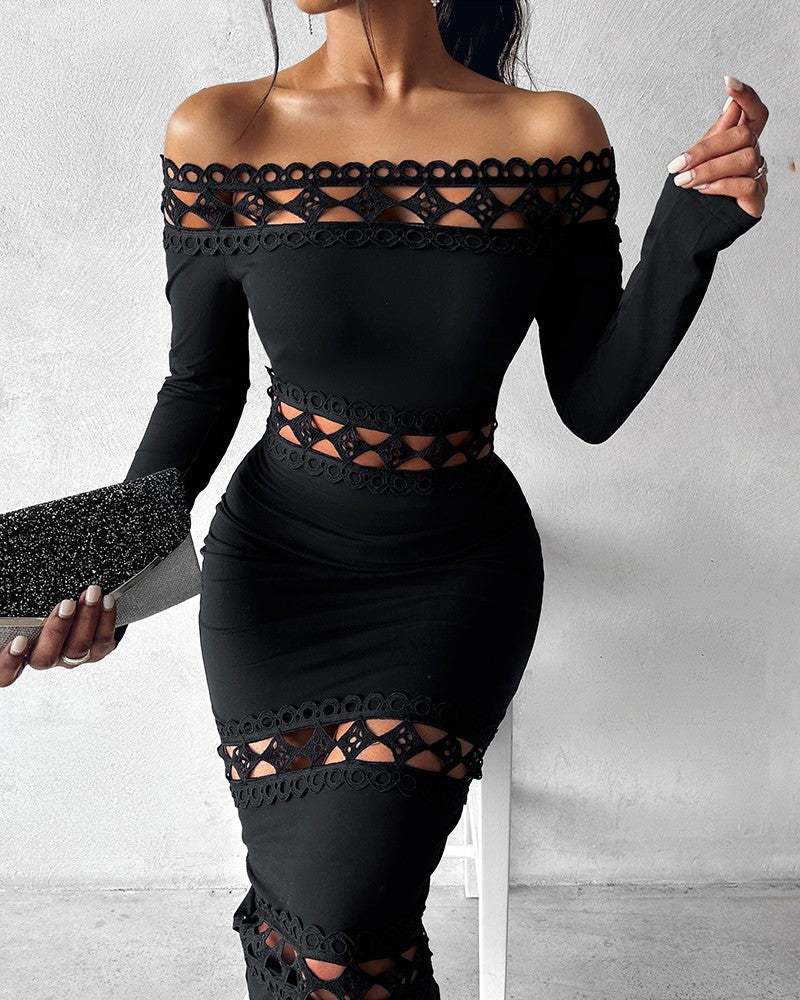 Off Shoulder Lace Patch Long Sleeve Midi Dress