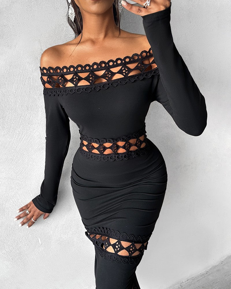 Off Shoulder Lace Patch Long Sleeve Midi Dress