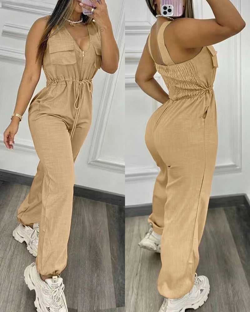 Zipper Design Shirred Drawstring Jumpsuit