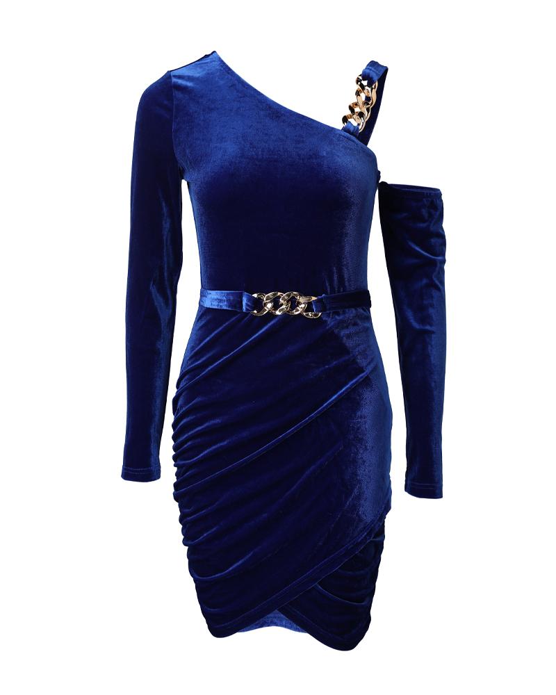 Velvet One Shoulder Chain Decor Ruched Bodycon Dress