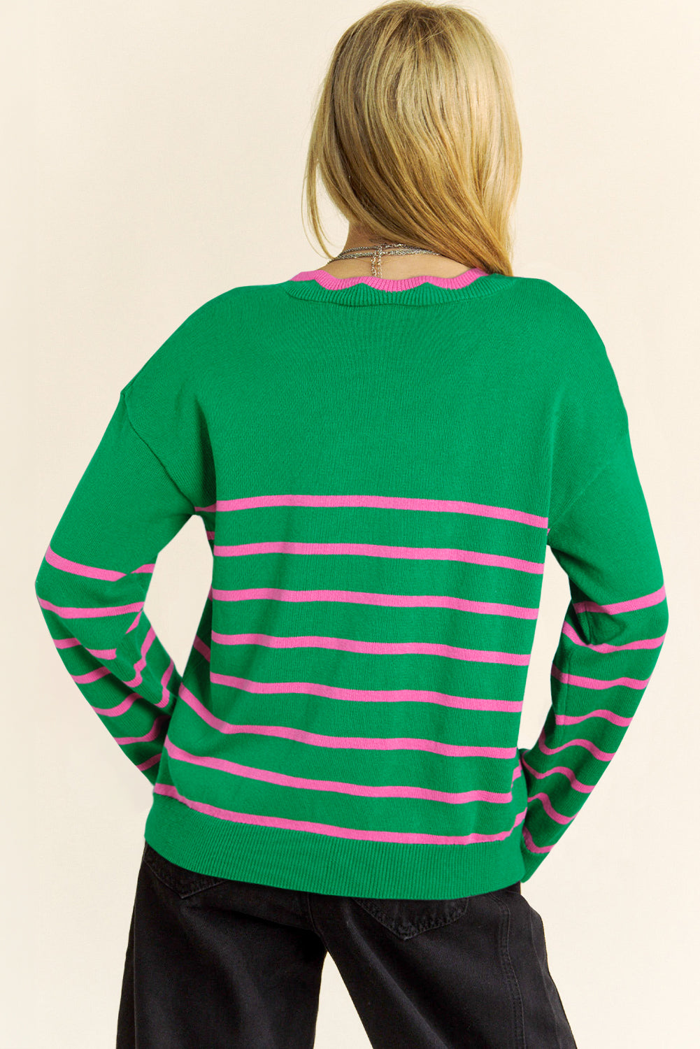 Green Stripe Ribbon Cute Bow Detail Sweater Knit Cardigan