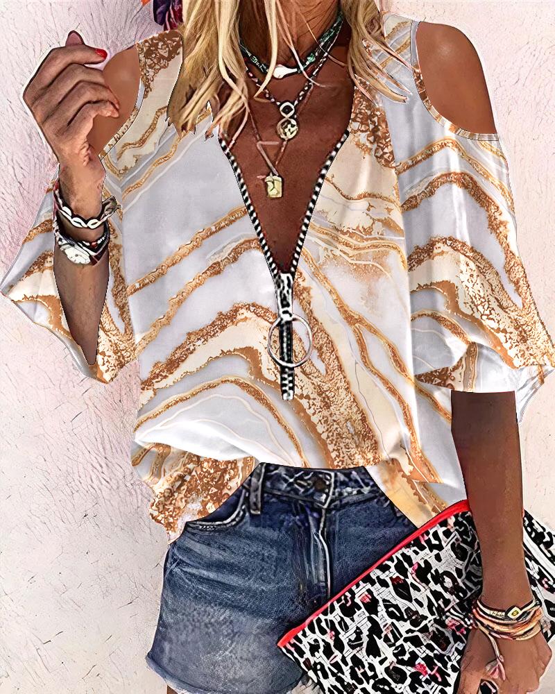 Marble Print Zip Front Cold Shoulder Top