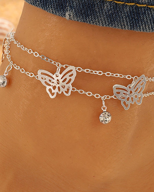 Butterfly Pattern Rhinestone Decor Multi layer Anklet