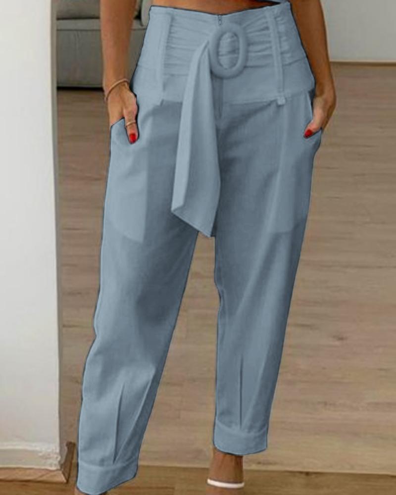 High Waist Belted Pocket Design Pants