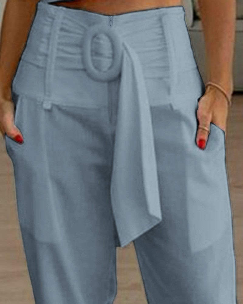 High Waist Belted Pocket Design Pants