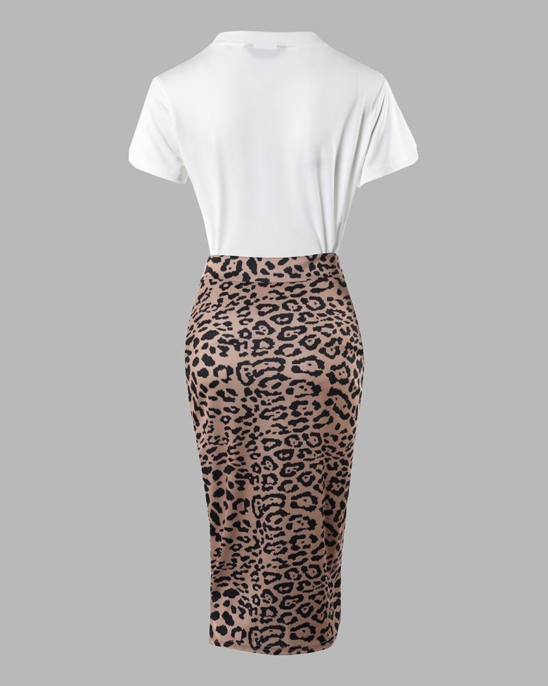 Figure Print Top & Leopard Print Slit Skirt Set