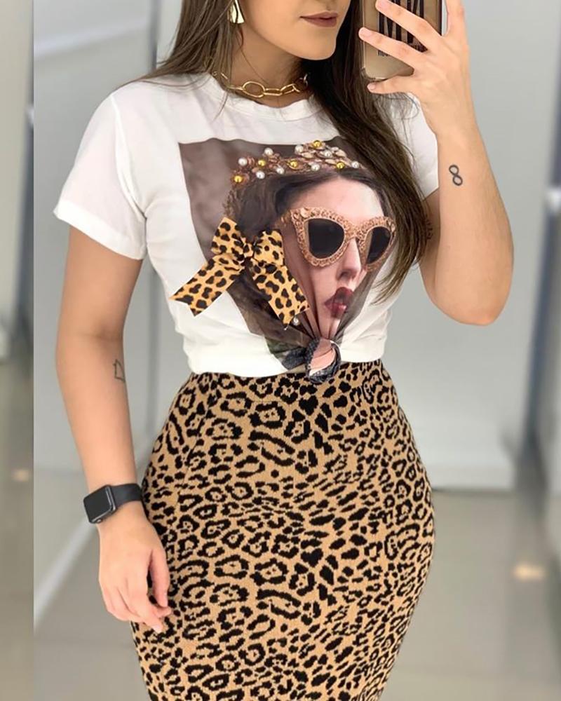 Figure Print Top & Leopard Print Slit Skirt Set