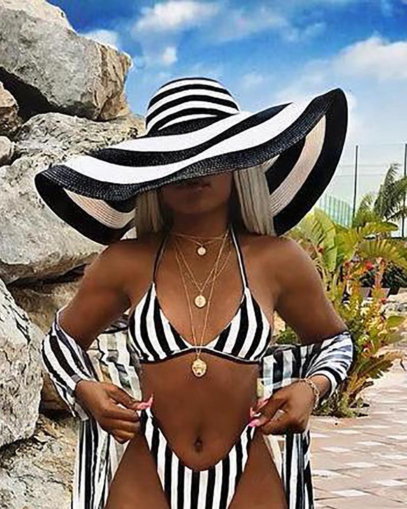 Wide Brim Striped Colorblock Straw Hat