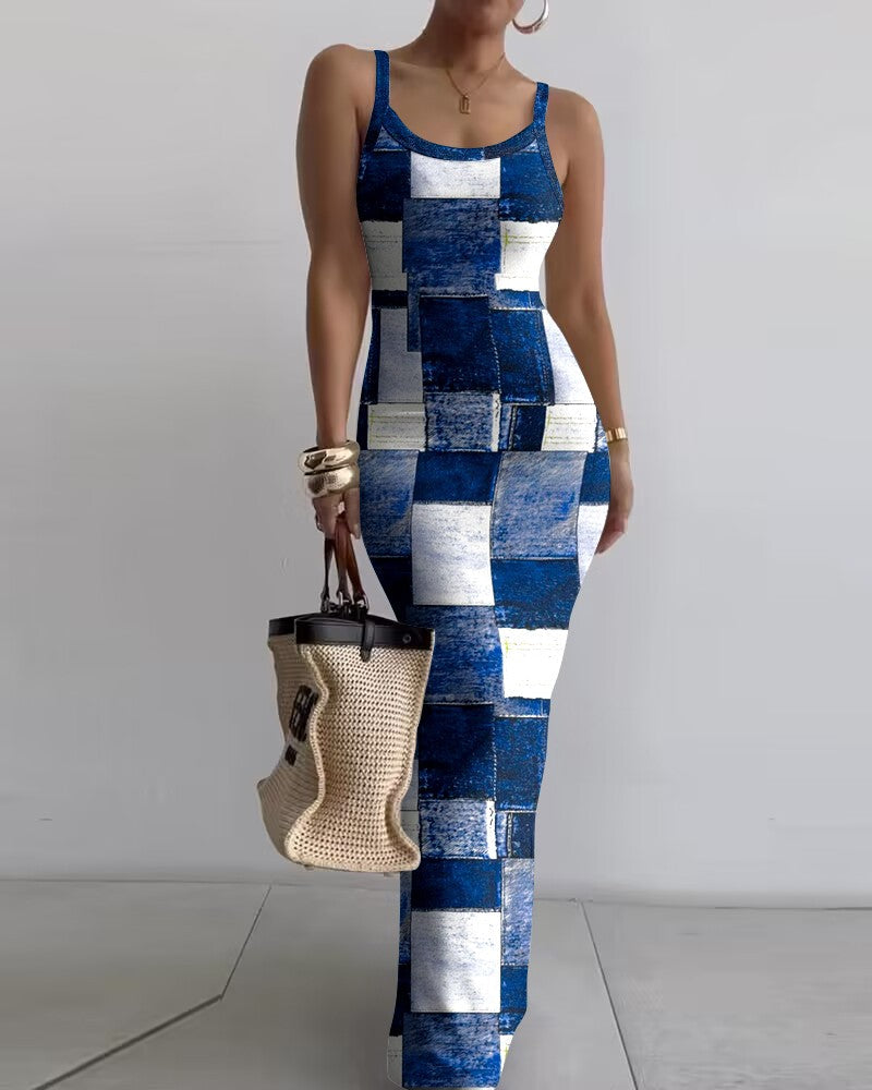 Denim Look Print U Neck Maxi Skims Dress