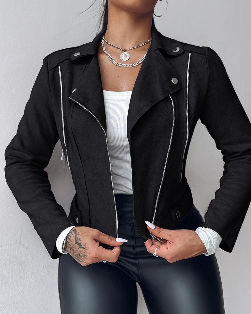 Lapel Collar Zip Up Long Sleeve Motor Biker Short Coat Pocket Design Jacket